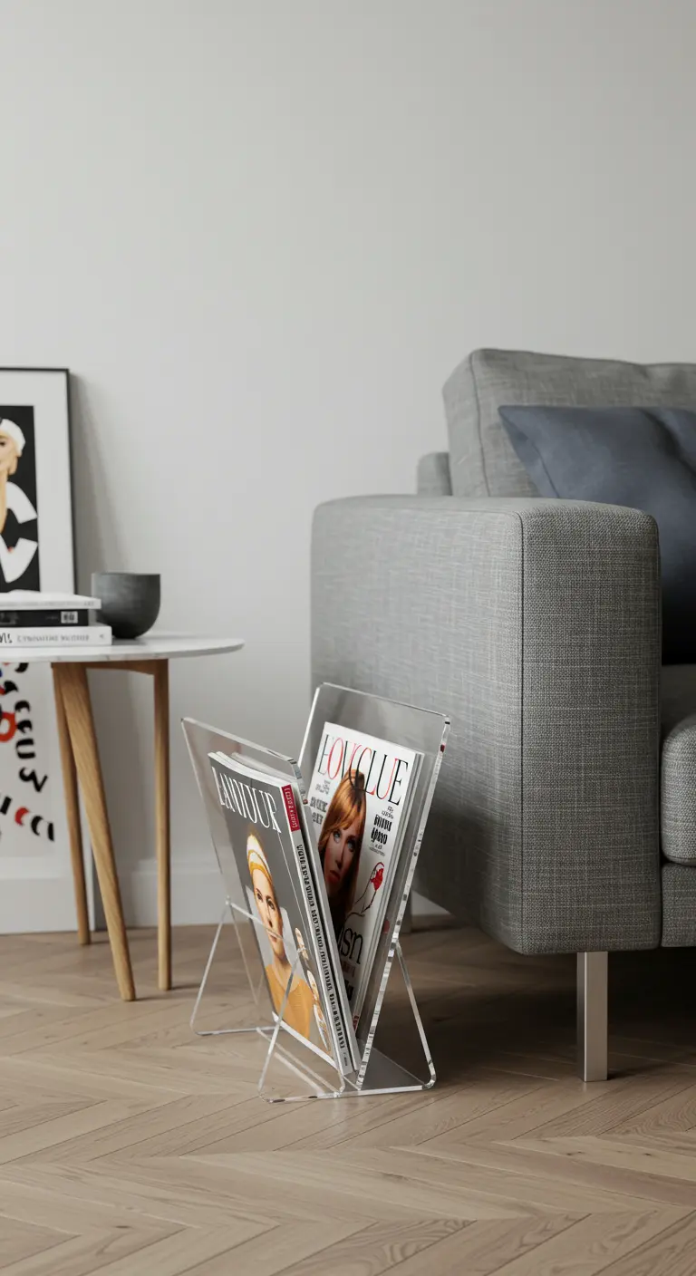 Revistero de acrílico transparente con varias revistas junto a un sofá gris en un salón moderno