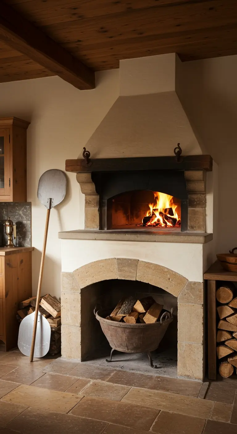 Cocina rústica con un horno de leña de obra, con fuego encendido y leña apilada.