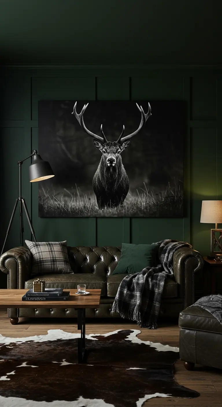 Salón oscuro con una gran fotografía en blanco y negro de un ciervo sobre un sofá de cuero.