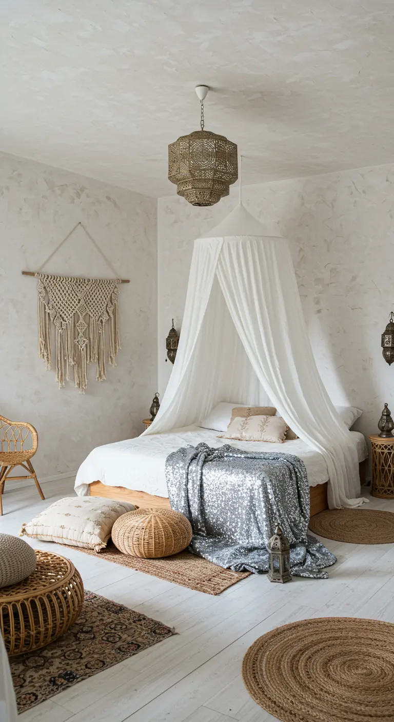 Dormitorio bohemio blanco con dosel, macramé, yute y una manta de lentejuelas