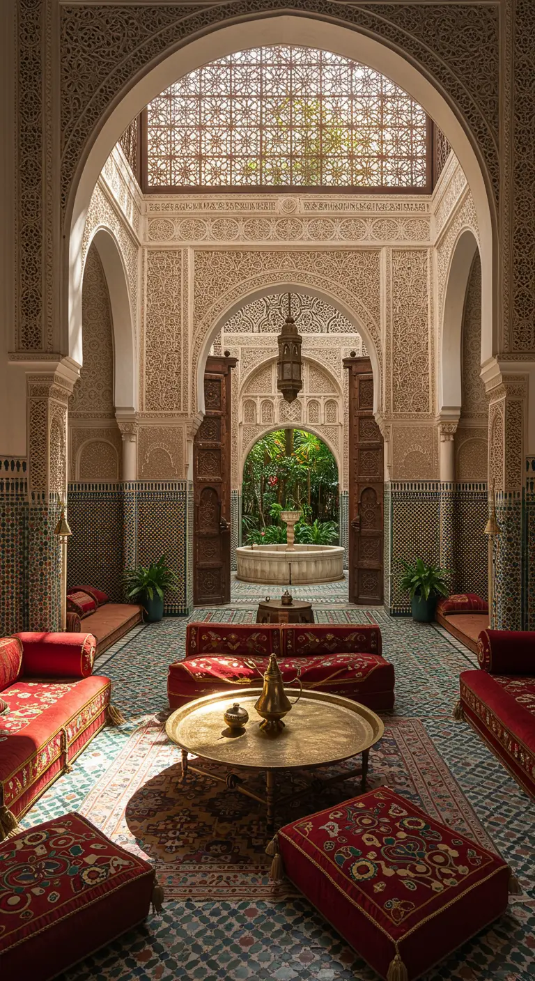 Salón árabe tradicional con arcos, mosaicos y sofás rojos de terciopelo.