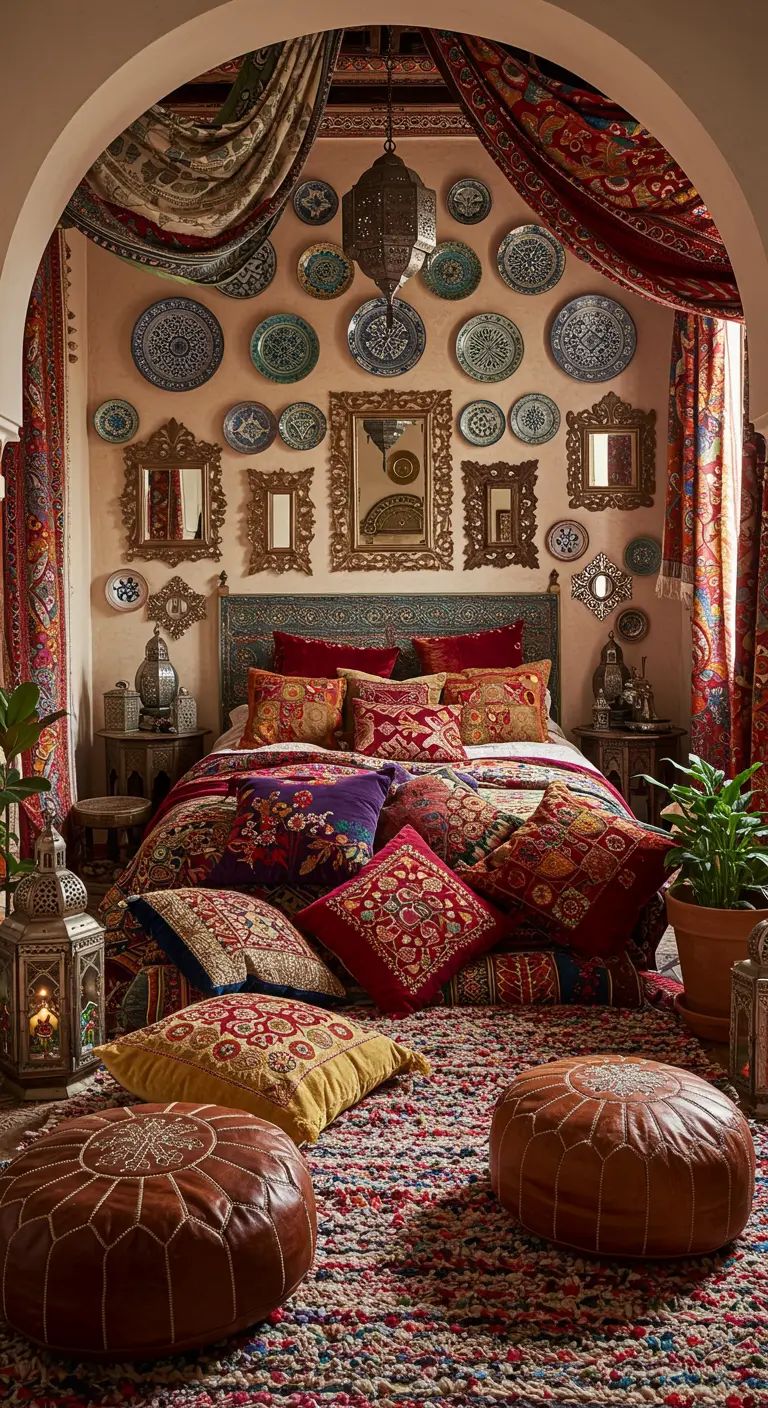 Dormitorio marroquí maximalista con una pared llena de platos de cerámica, espejos y textiles de colores.