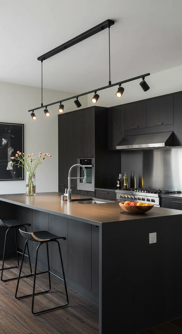 Cocina contemporánea oscura con un sistema de iluminación de riel y focos sobre la isla.