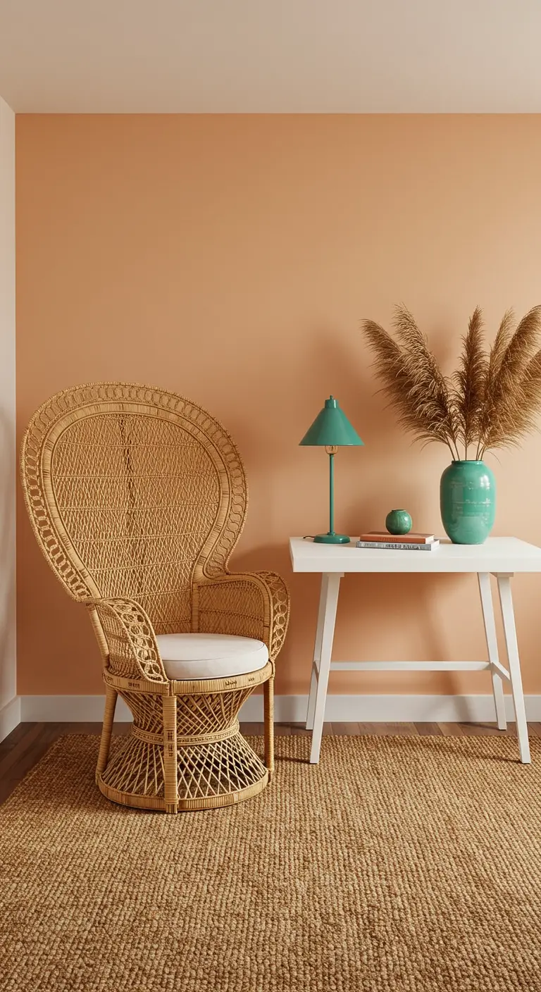 Rincón de descanso con pared color melocotón, una gran silla pavo real de mimbre y hierba de pampa.