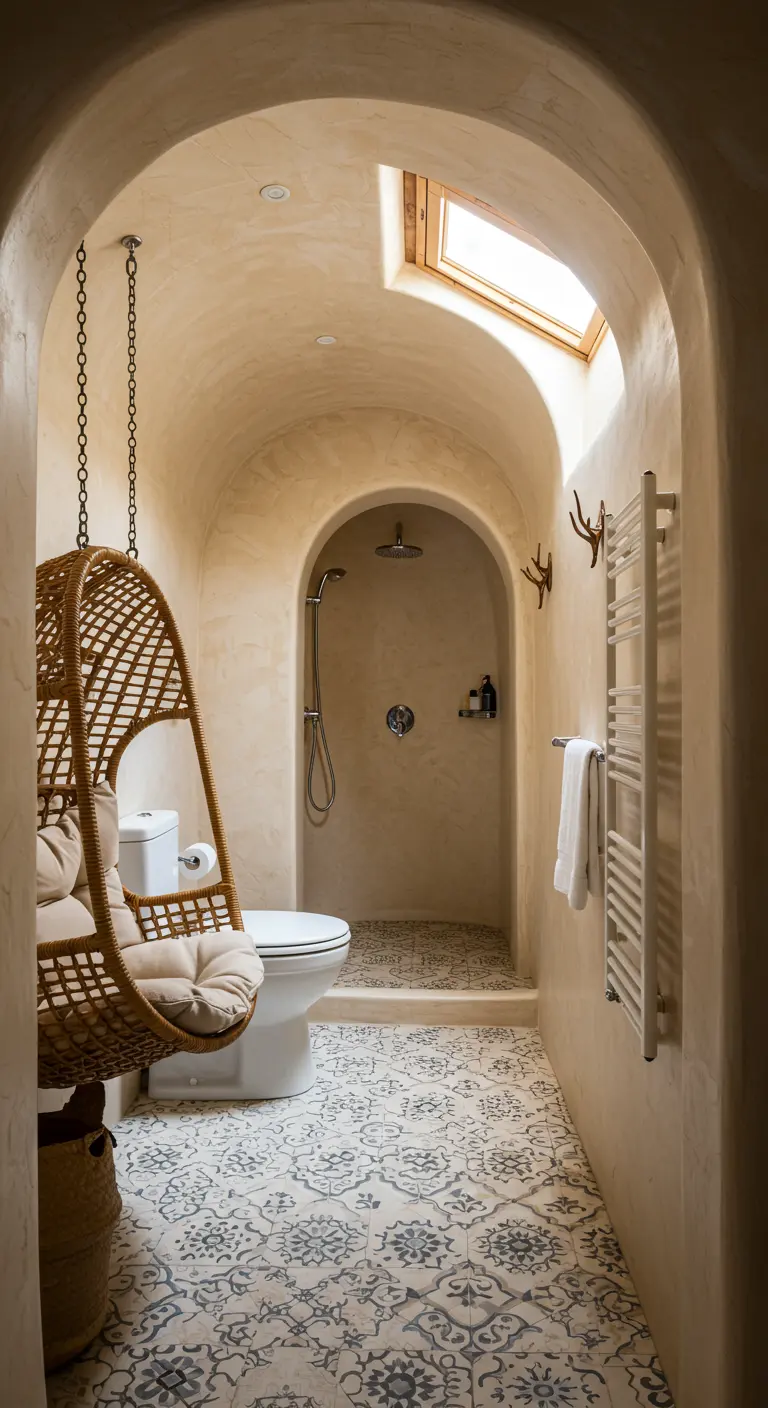Baño abovedado con columpio de mimbre, suelo de baldosas hidráulicas y ducha de obra.