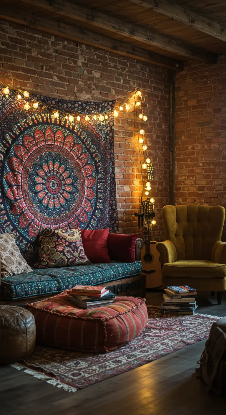 Rincón bohemio con un tapiz de mandala en una pared de ladrillo, guirnaldas de luces y cojines.