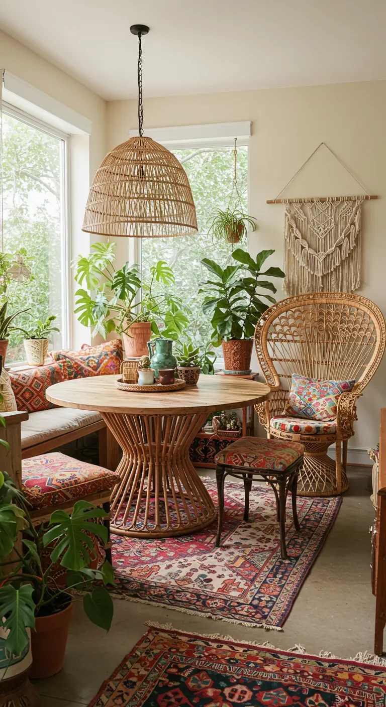 Comedor bohemio con mesa de ratán, silla pavo real y muchas plantas.