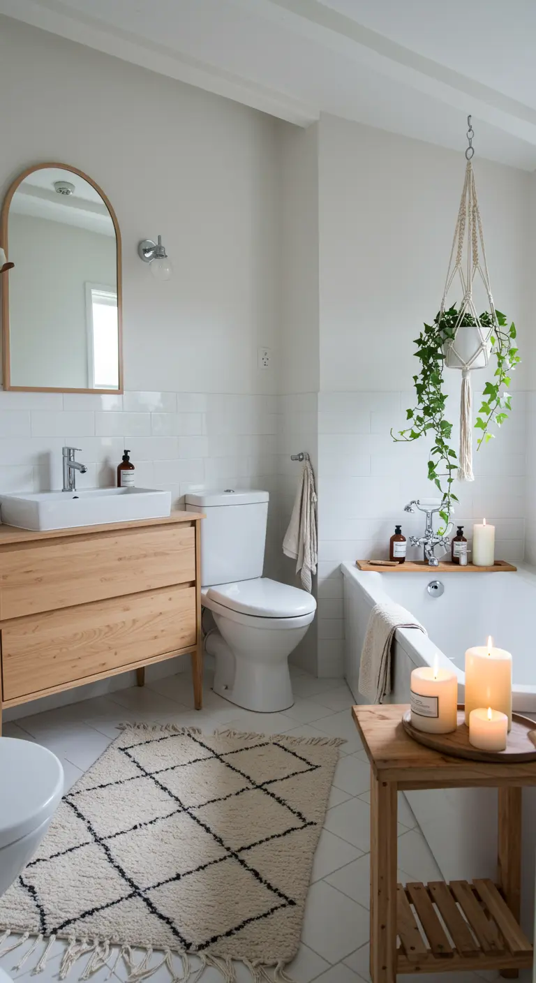 Baño de estilo bohemio con alfombra bereber, macramé colgante y velas junto a la bañera.
