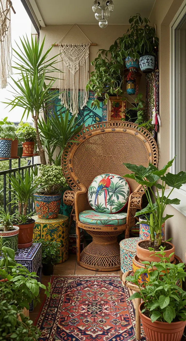 Balcón bohemio y maximalista lleno de plantas, silla pavo real y textiles coloridos