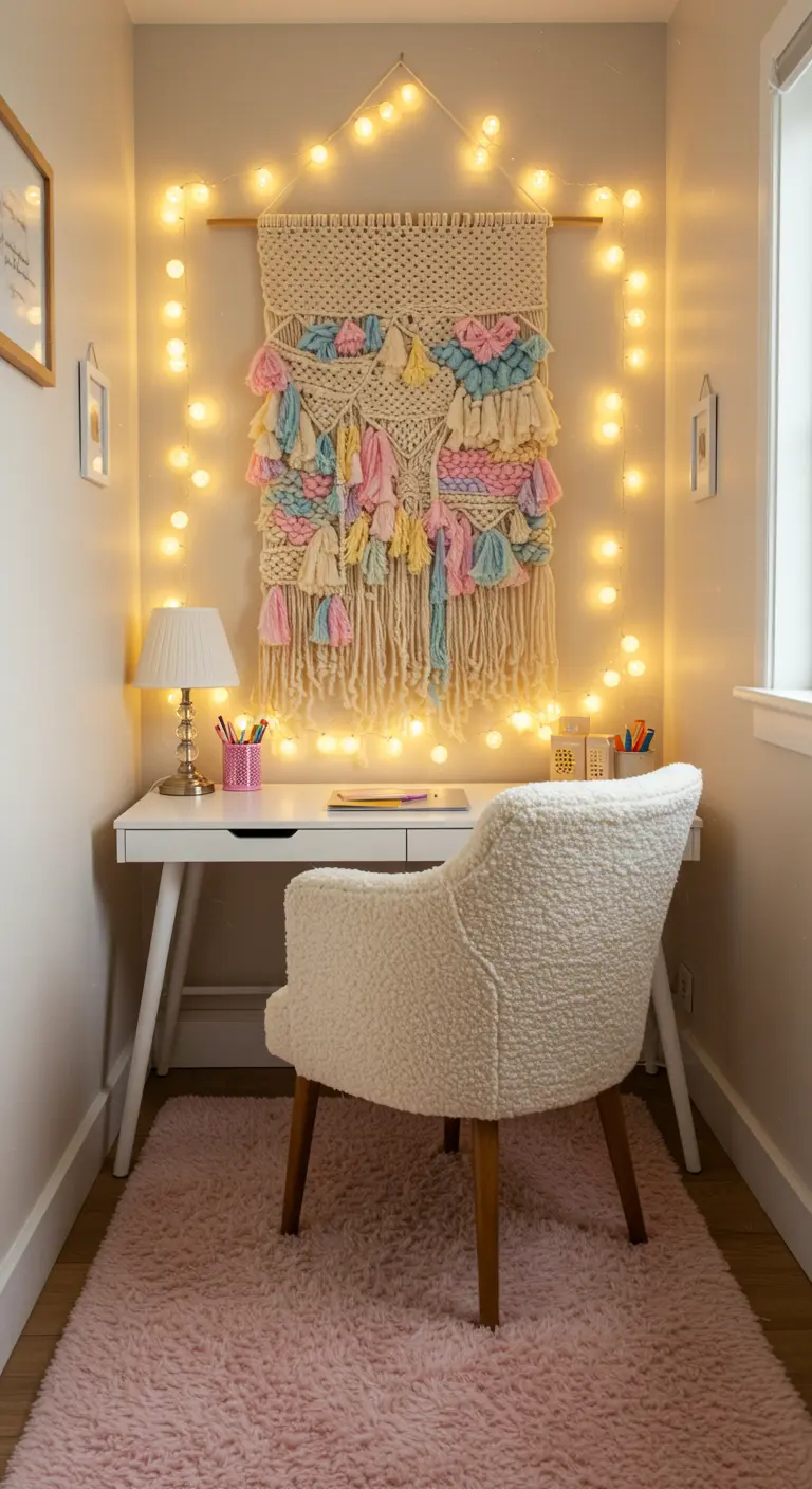 Rincón de estudio acogedor con un gran tapiz de macramé y guirnalda de luces cálidas.