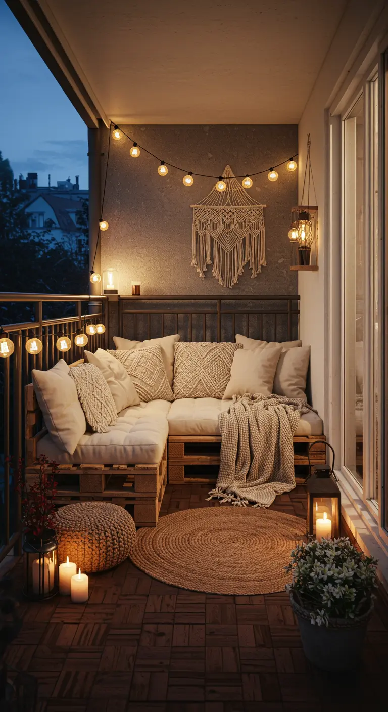 Sofá de palets con cojines beige, luces cálidas y macramé en un balcón nocturno.