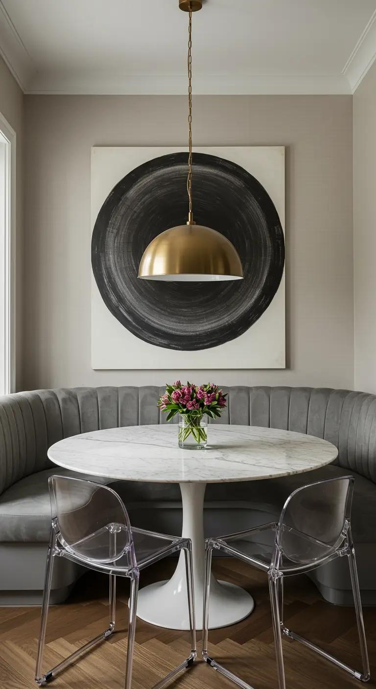 Rincón de comedor con banco curvo, mesa de mármol y cuadro abstracto circular.