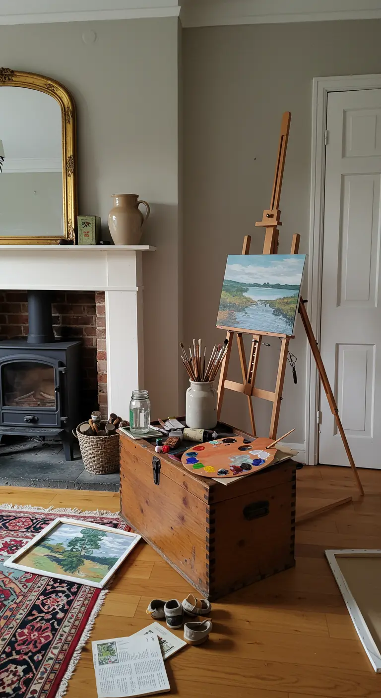 Estudio de arte en un salón clásico con un baúl de madera como mesa y un caballete junto a la chimenea.