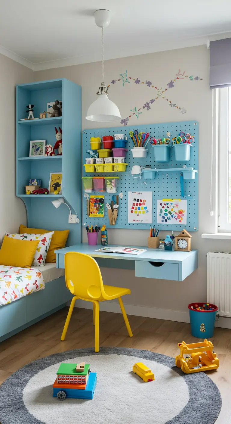 Escritorio infantil flotante de color azul con un gran panel perforado para organizar material escolar.