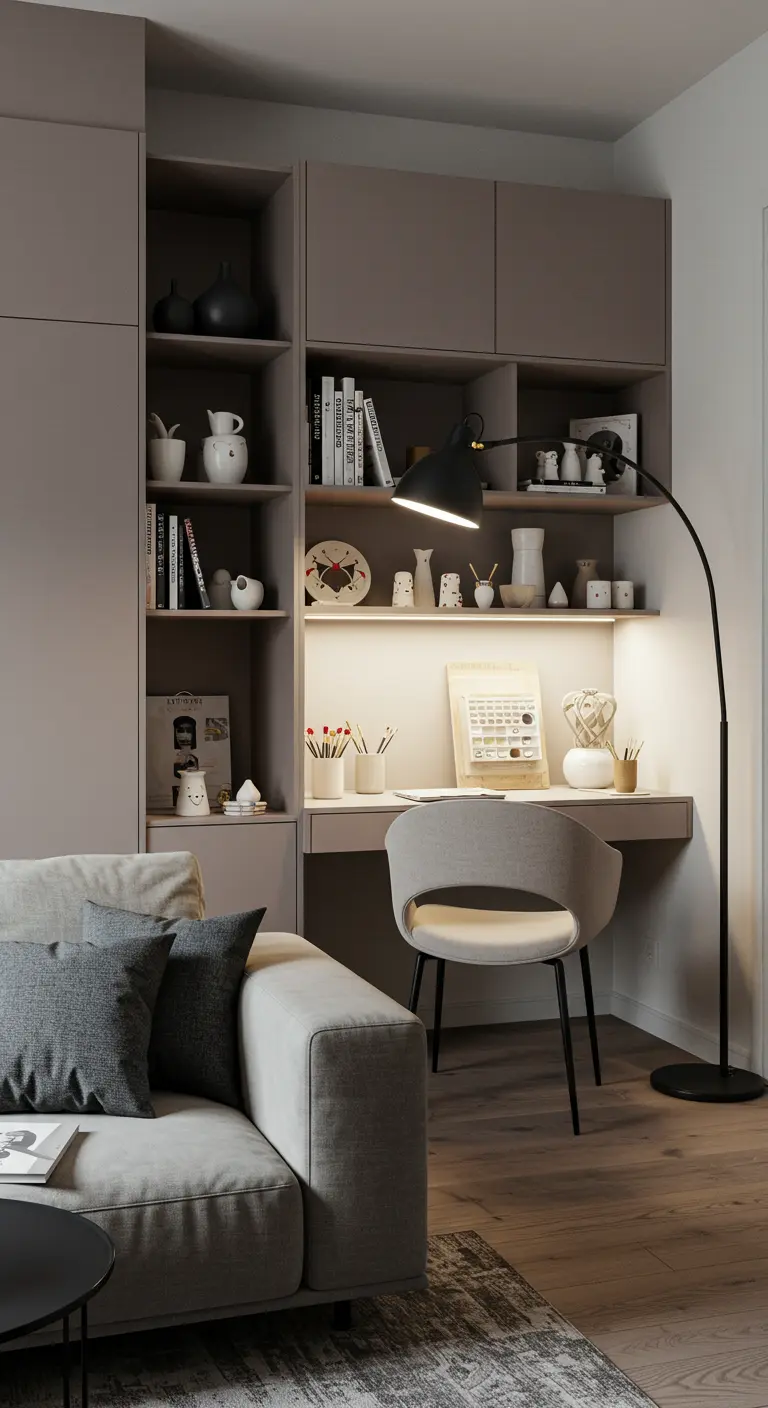 Rincón de trabajo integrado en una estantería de salón con iluminación focalizada.