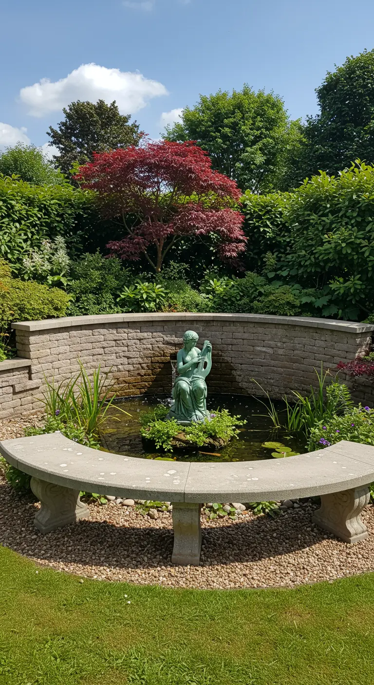 Pequeño estanque con una estatua de una arpista rodeado por un banco de piedra curvo.