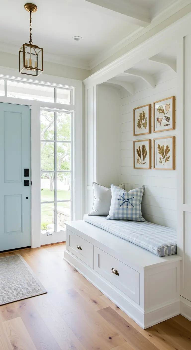 Banco de entrada blanco con cojines a cuadros azules y láminas botánicas en la pared.