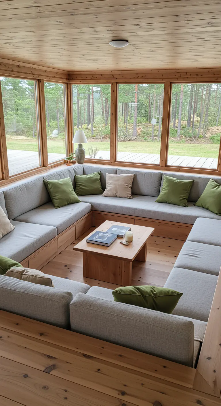 Salón con un gran sofá de obra en forma de U y cojines verdes