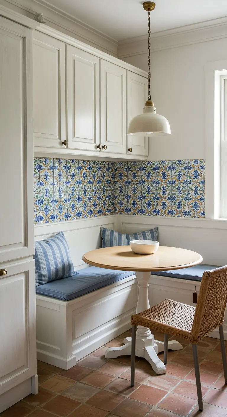 Rincón de desayuno con banco en L, cojines azules y azulejos estampados de estilo mediterráneo.