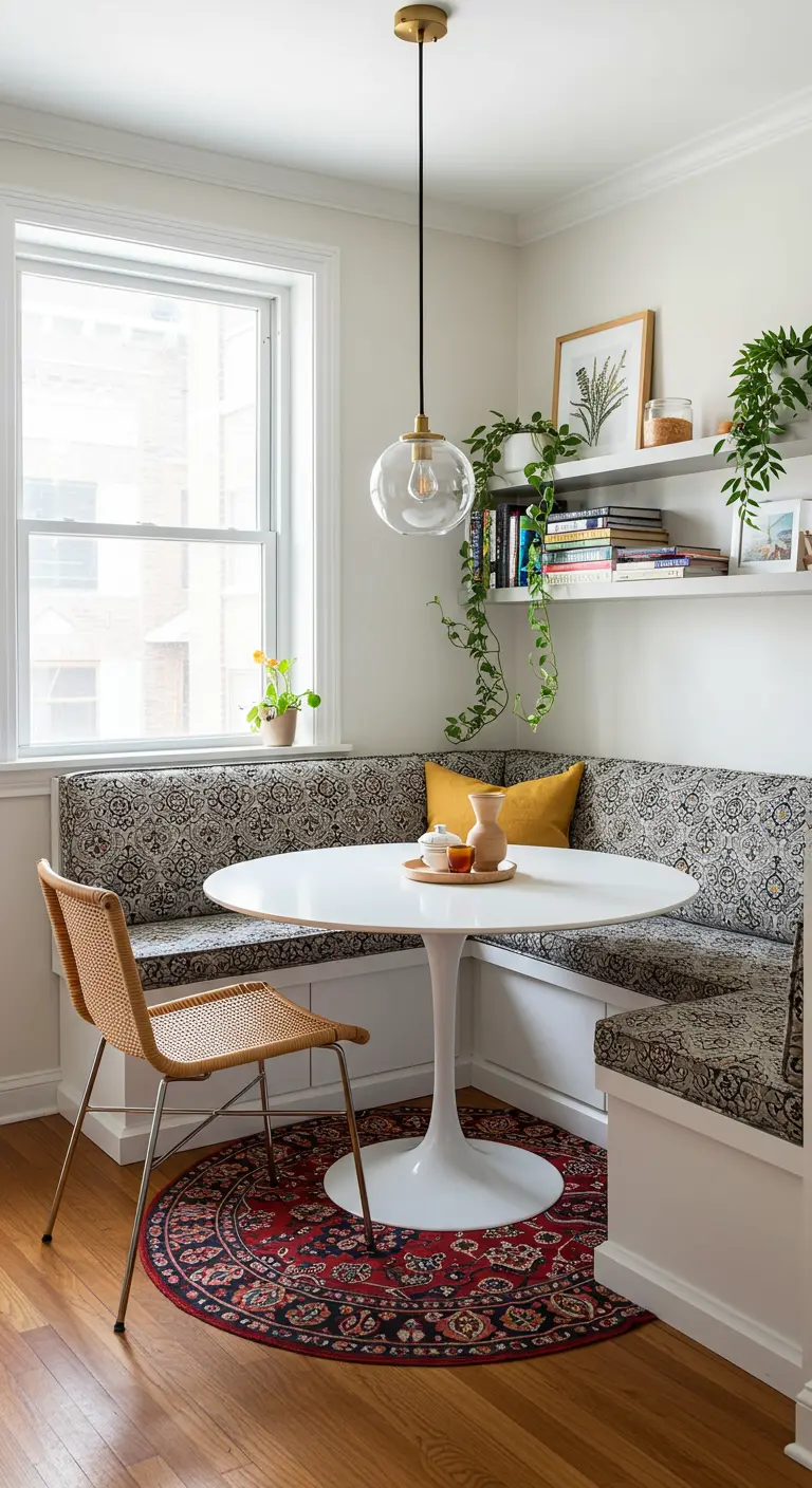 Rincón de comedor con banco tapizado, mesa redonda blanca y una silla de ratán