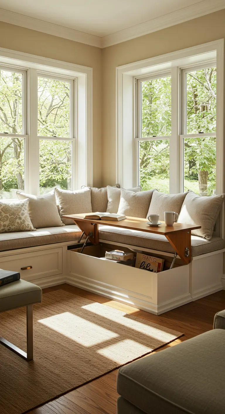 Banco esquinero blanco con almacenamiento interior y una mesa de madera elevable en un rincón luminoso.