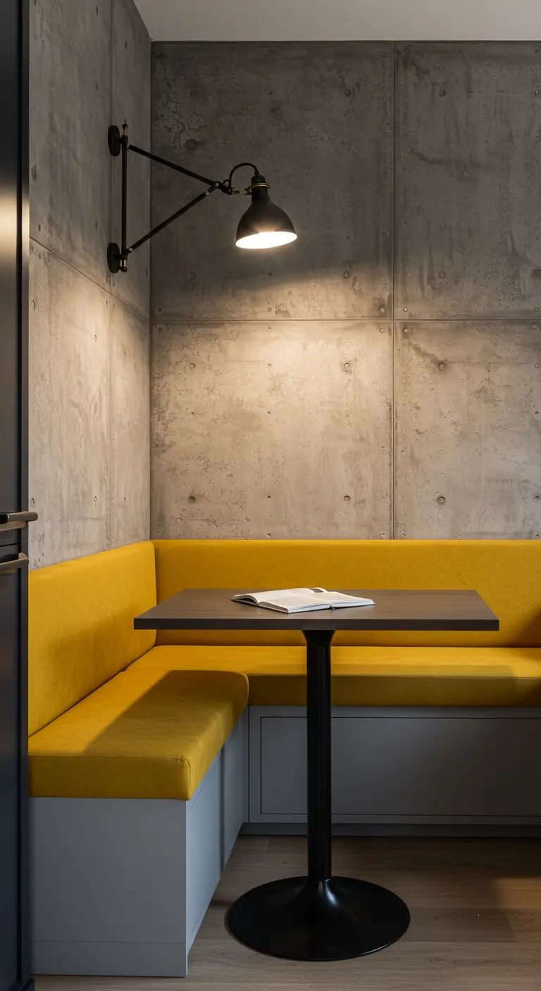 Rincón de comedor con banco tapizado en mostaza, paredes de hormigón y mesa negra.