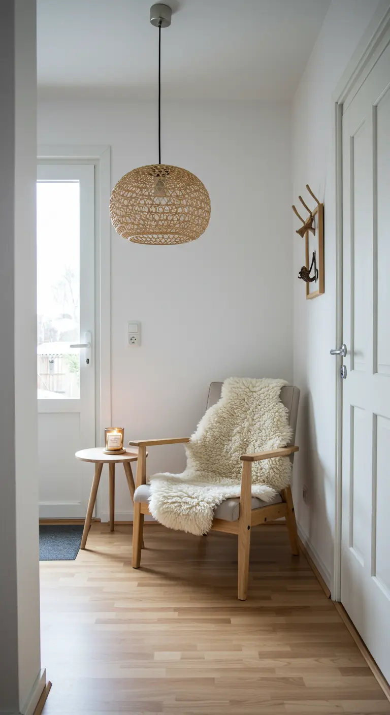Rincón de entrada acogedor con sillón de madera, manta de piel de oveja y lámpara de mimbre.