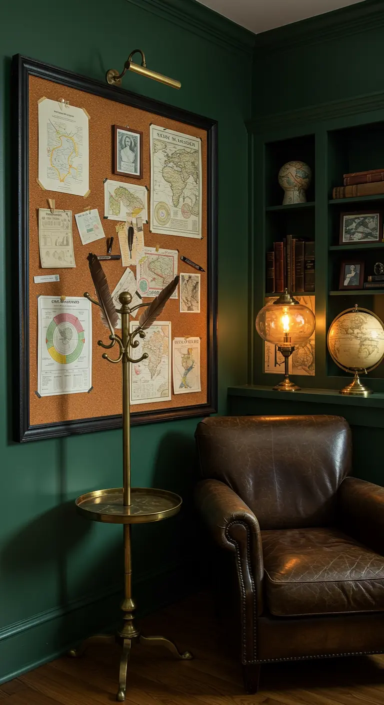 Estudio oscuro y acogedor con un gran tablero de corcho lleno de mapas y un perchero de latón.