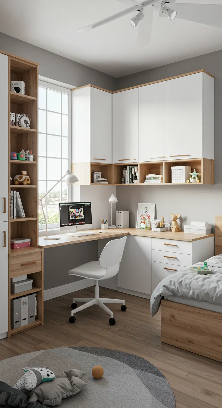 Zona de estudio en esquina con muebles blancos y de madera que aprovechan el espacio vertical.