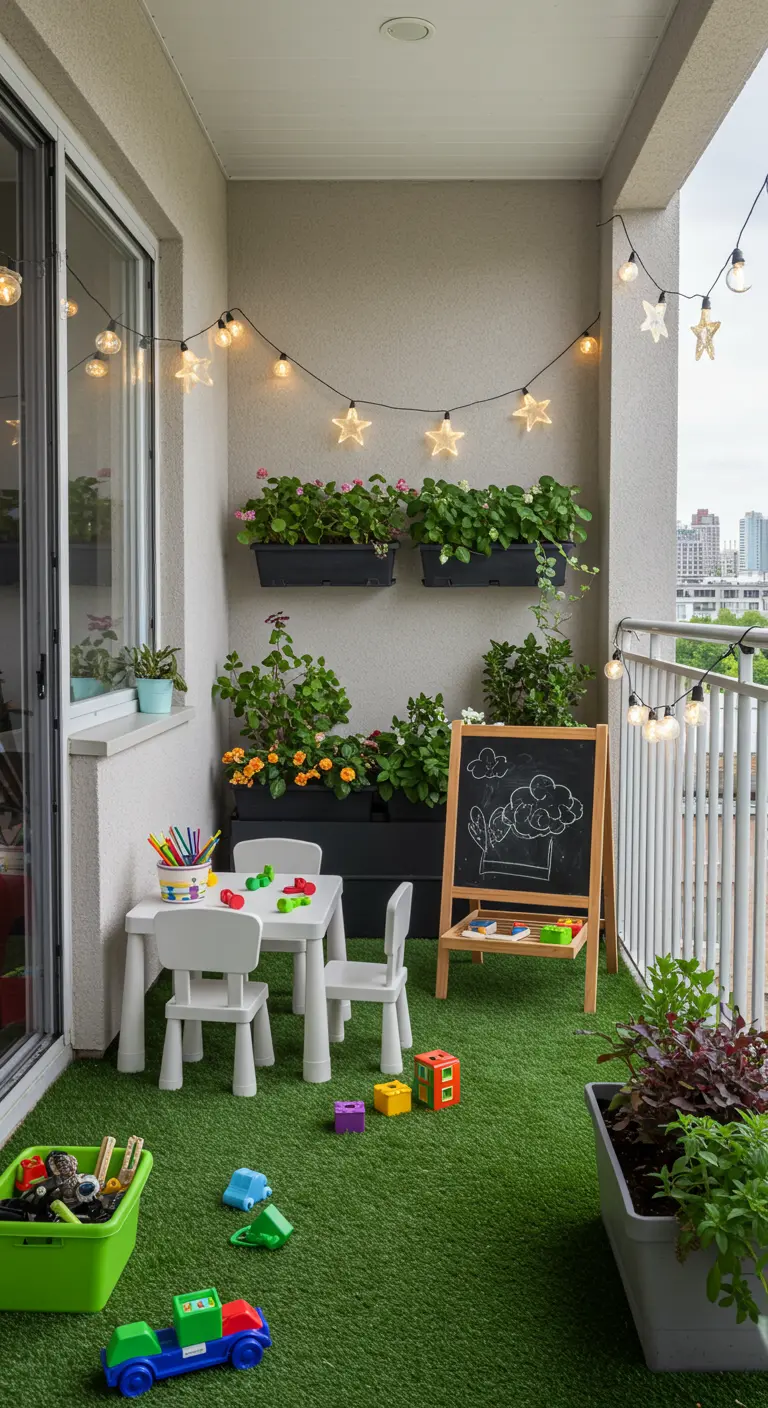 Balcón convertido en zona de juegos para niños con césped artificial, una pizarrita y mesa infantil.
