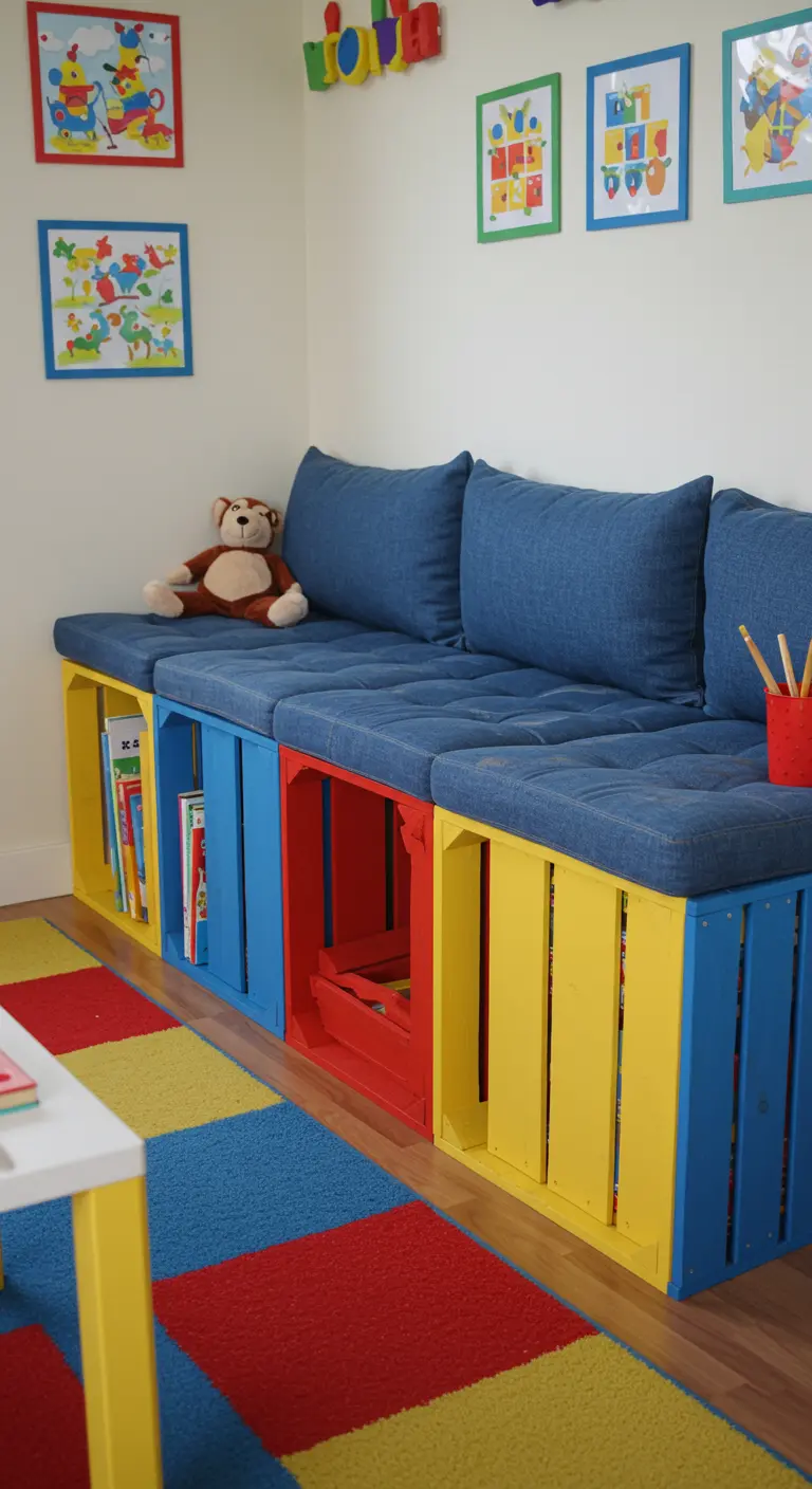 Banco para cuarto de juegos hecho con cajas de madera pintadas de colores primarios y cojines azules.