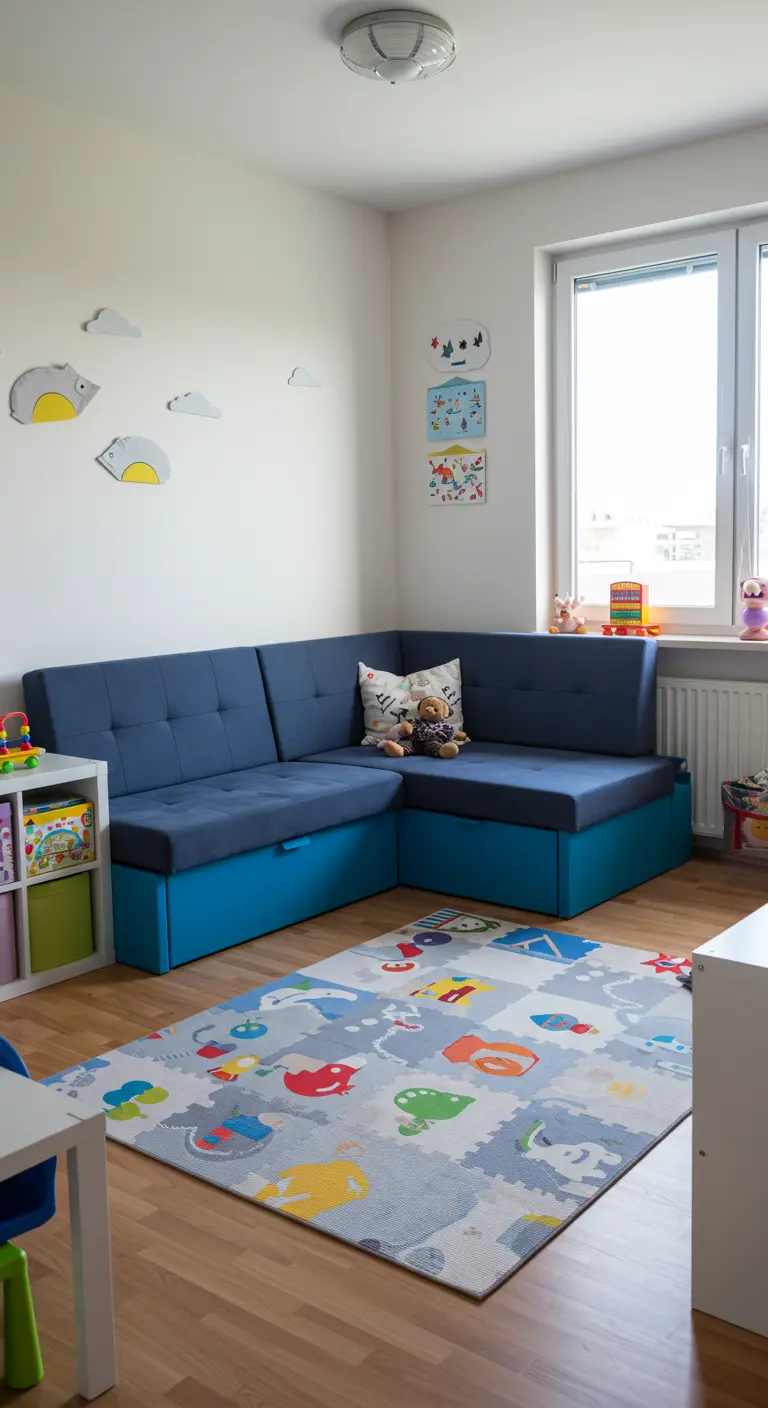Sofá cama esquinero azul en una habitación infantil con alfombra de juegos colorida.