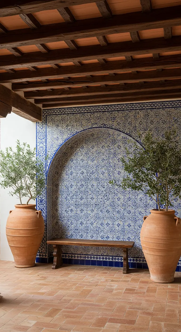 Patio andaluz con pared de azulejos, dos grandes tinajas de barro y un banco de madera.