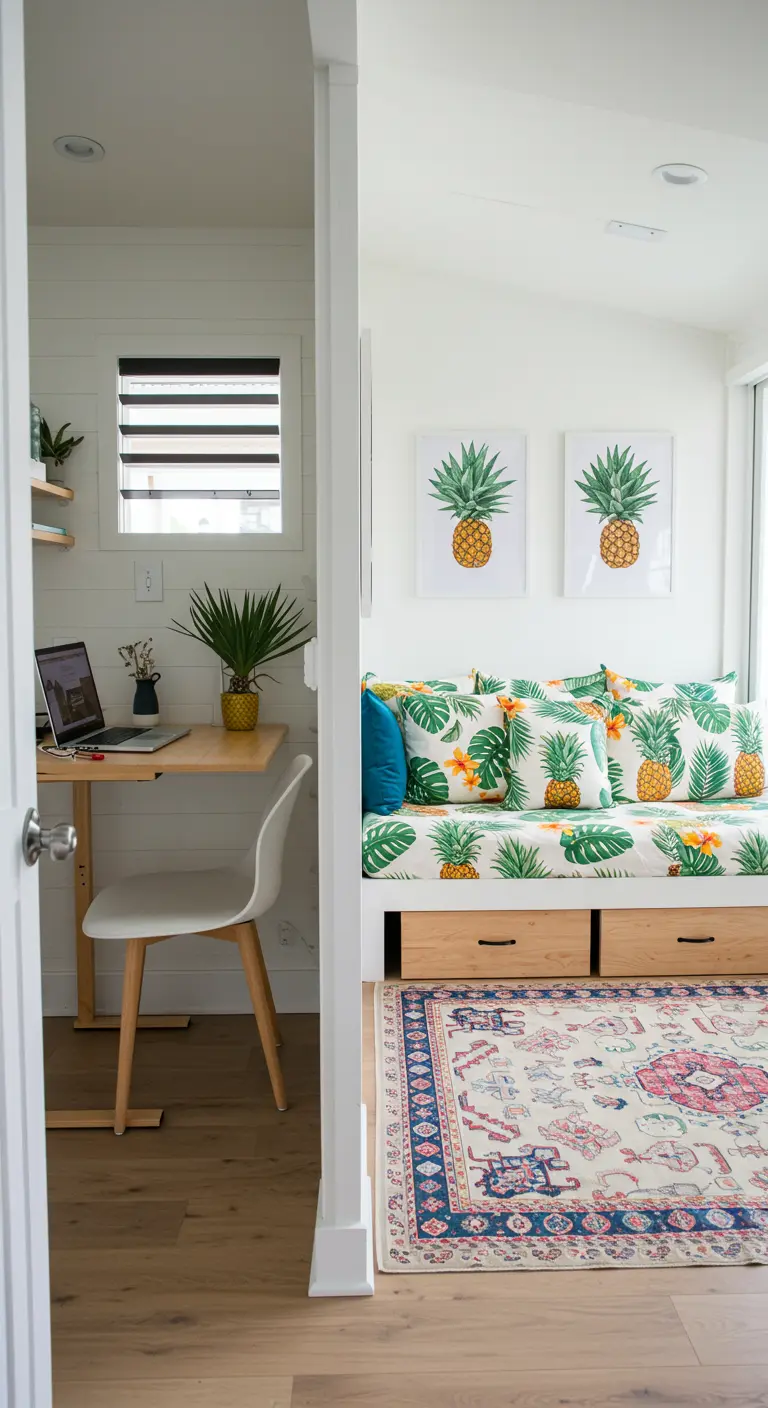 Pequeña oficina en un rincón junto a un sofá cama con cojines de piñas.
