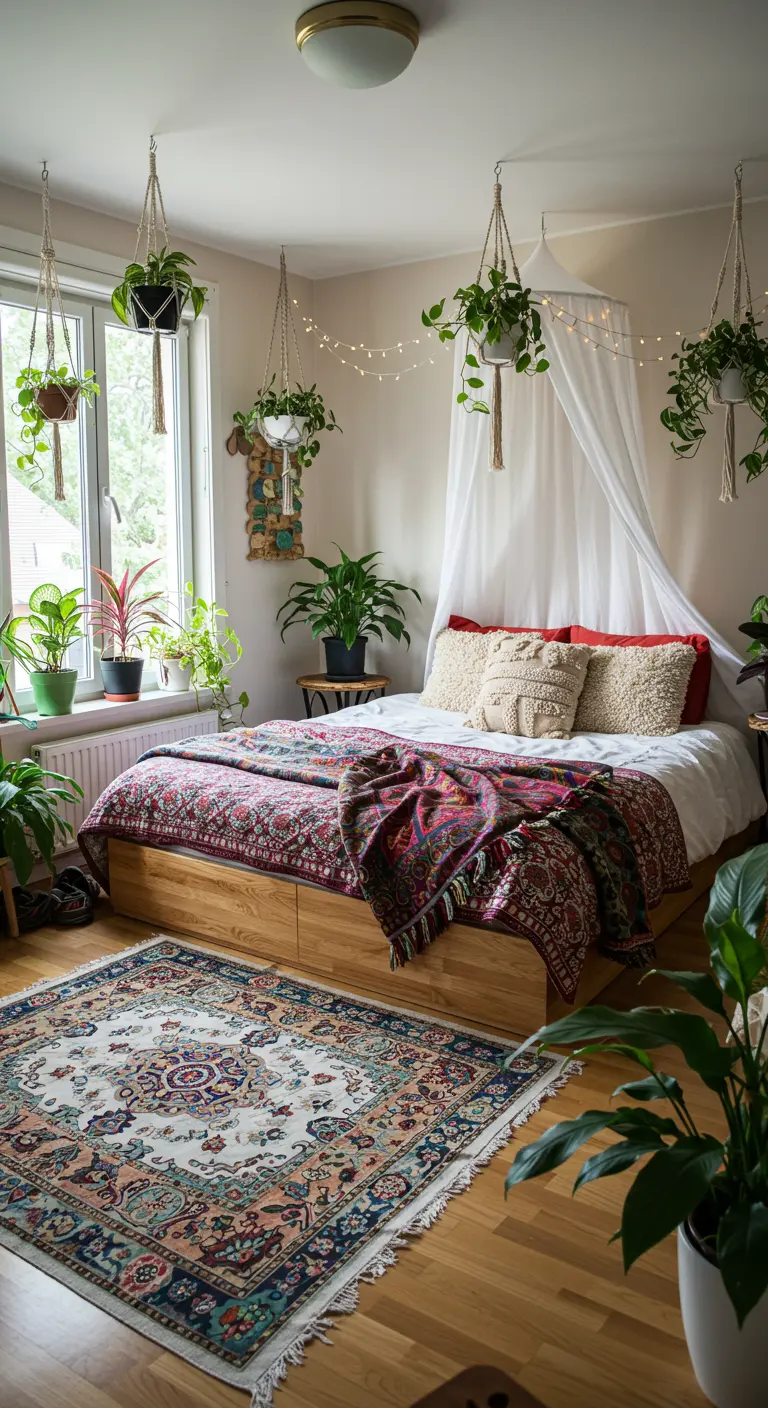 Dormitorio bohemio lleno de plantas, textiles coloridos, una alfombra persa y luces cálidas.