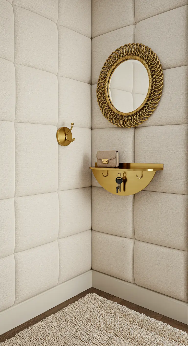 Esquina de recibidor con paredes acolchadas en tela beige y un pequeño estante dorado.