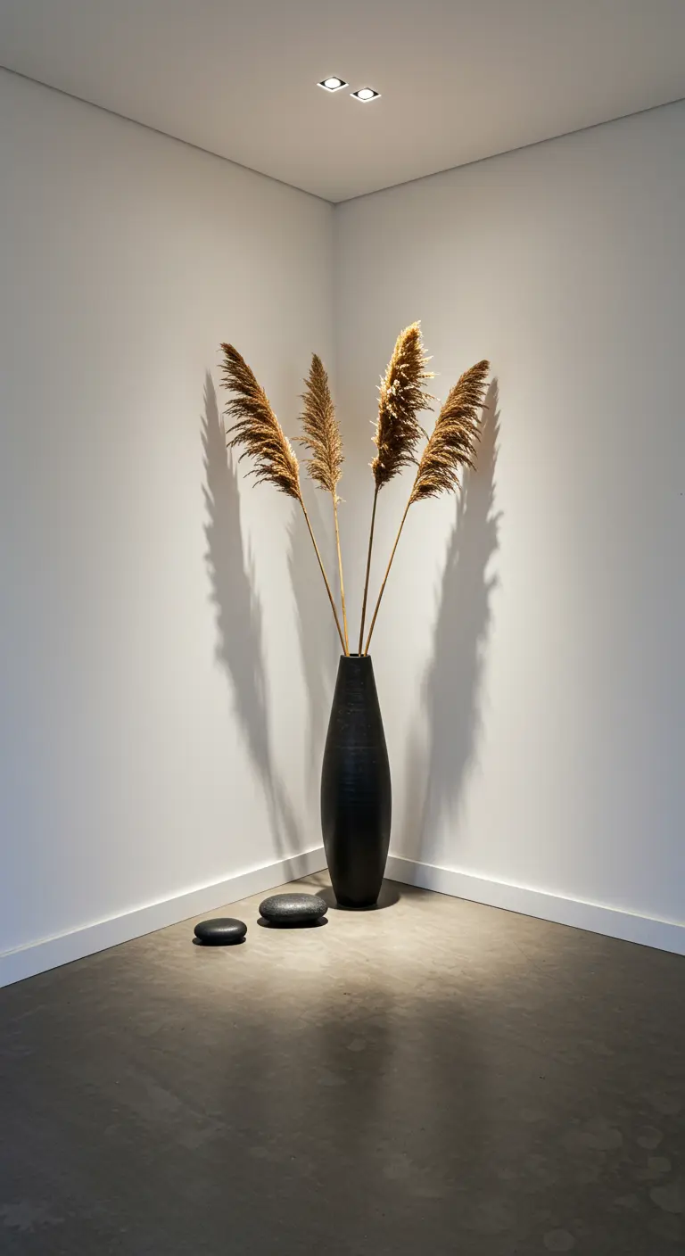 Rincón minimalista con jarrón negro alto, hierba de la pampa y piedras lisas en el suelo.