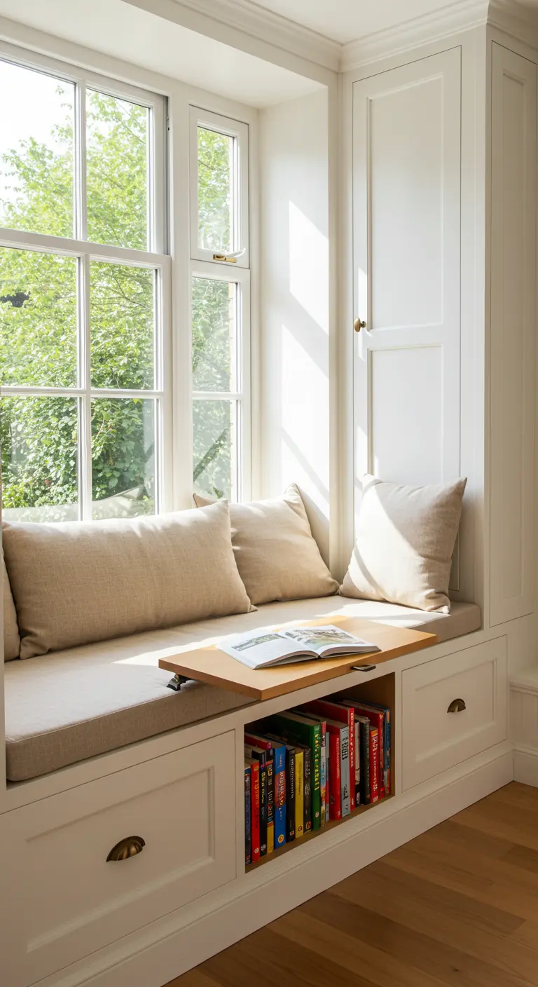 Asiento de ventana con cojines beige, almacenamiento inferior y una pequeña bandeja de madera extraíble.