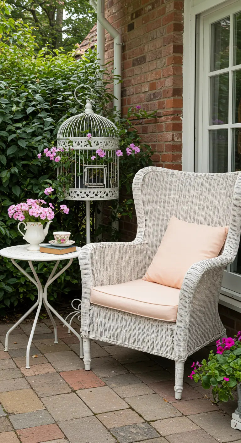 Sillón de mimbre blanco con una jaula decorativa con flores rosas a su lado.