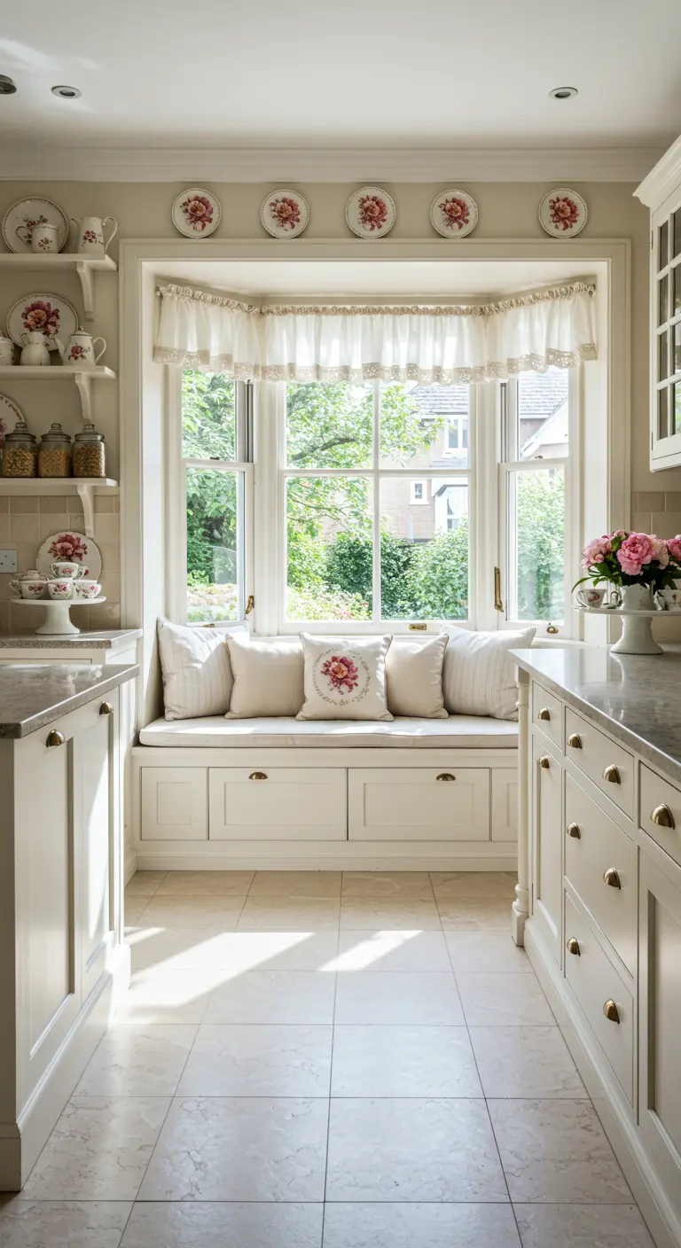 Asiento de ventana en una cocina cottage, lleno de cojines florales y con una cenefa de tela.
