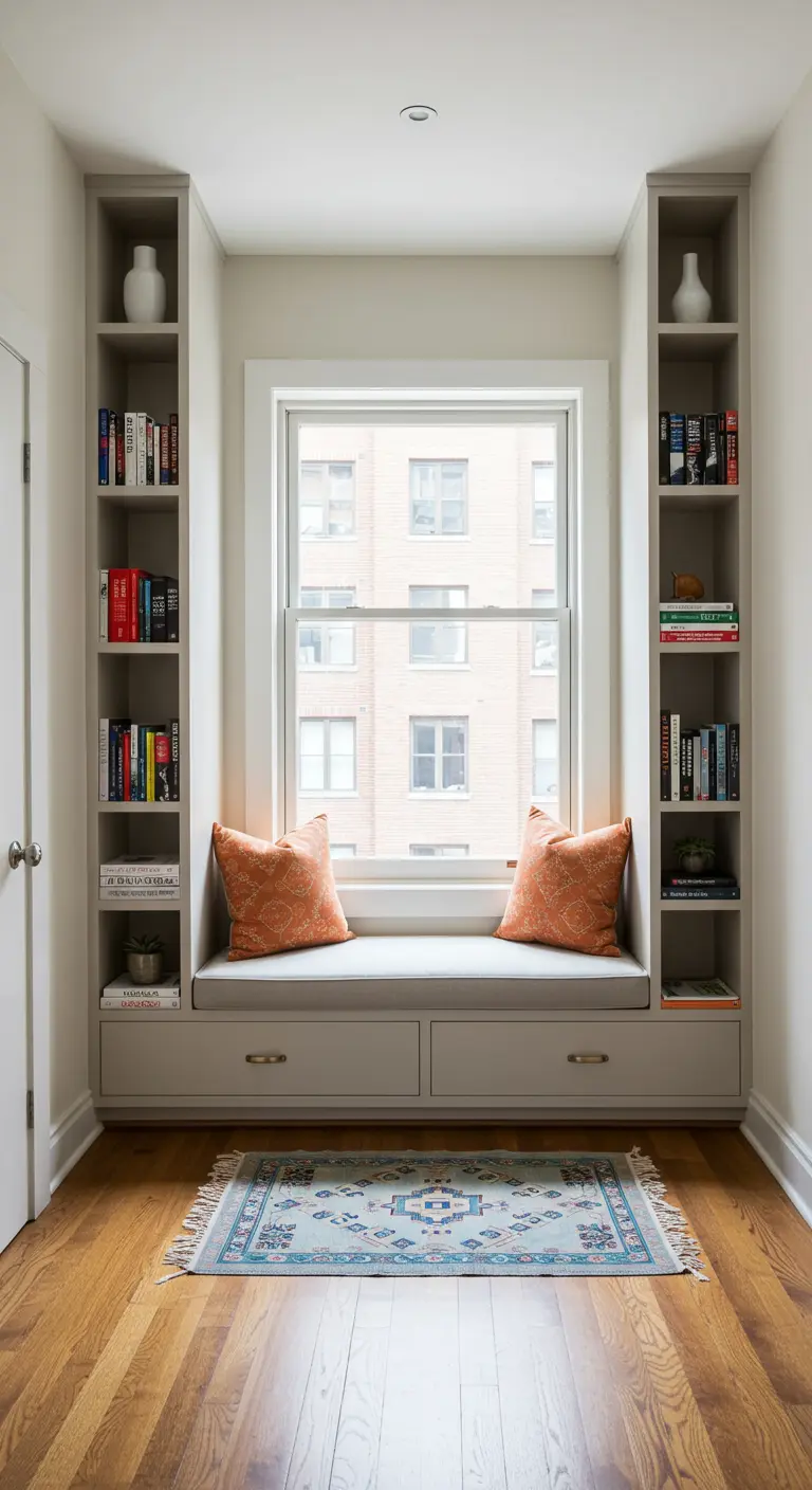 Banco bajo una ventana flanqueado por dos estanterías altas llenas de libros.