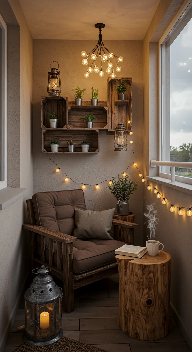 Pequeño balcón acogedor con un sillón de madera, estanterías de cajas y farolillos con velas