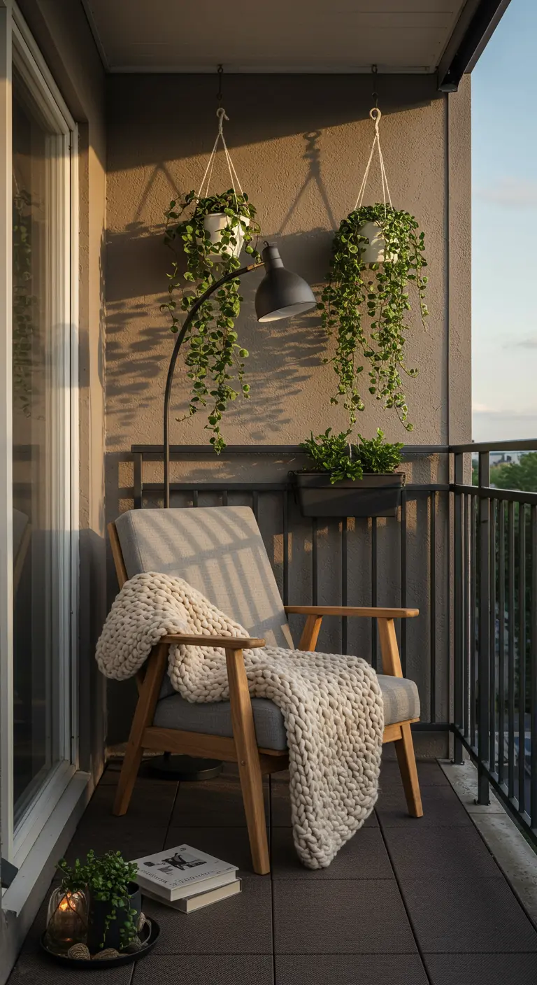 Rincón de lectura en balcón con sillón de madera, manta de punto grueso y plantas colgantes.