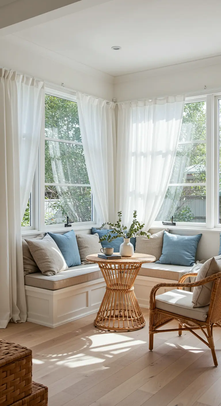 Rincón de ventana con un banco acolchado, cojines azules y mesa de ratán.