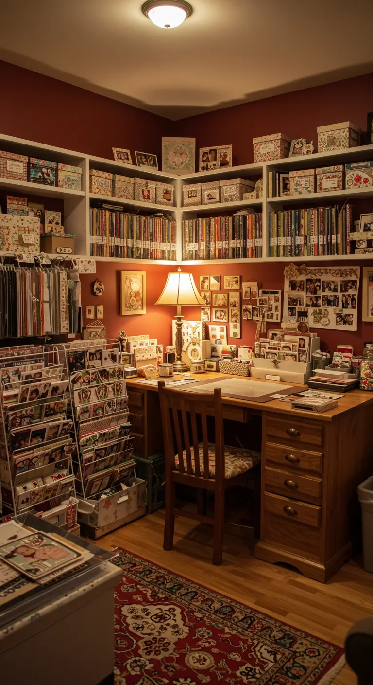 Rincón de scrapbooking acogedor con estanterías en esquina llenas de cajas y materiales.