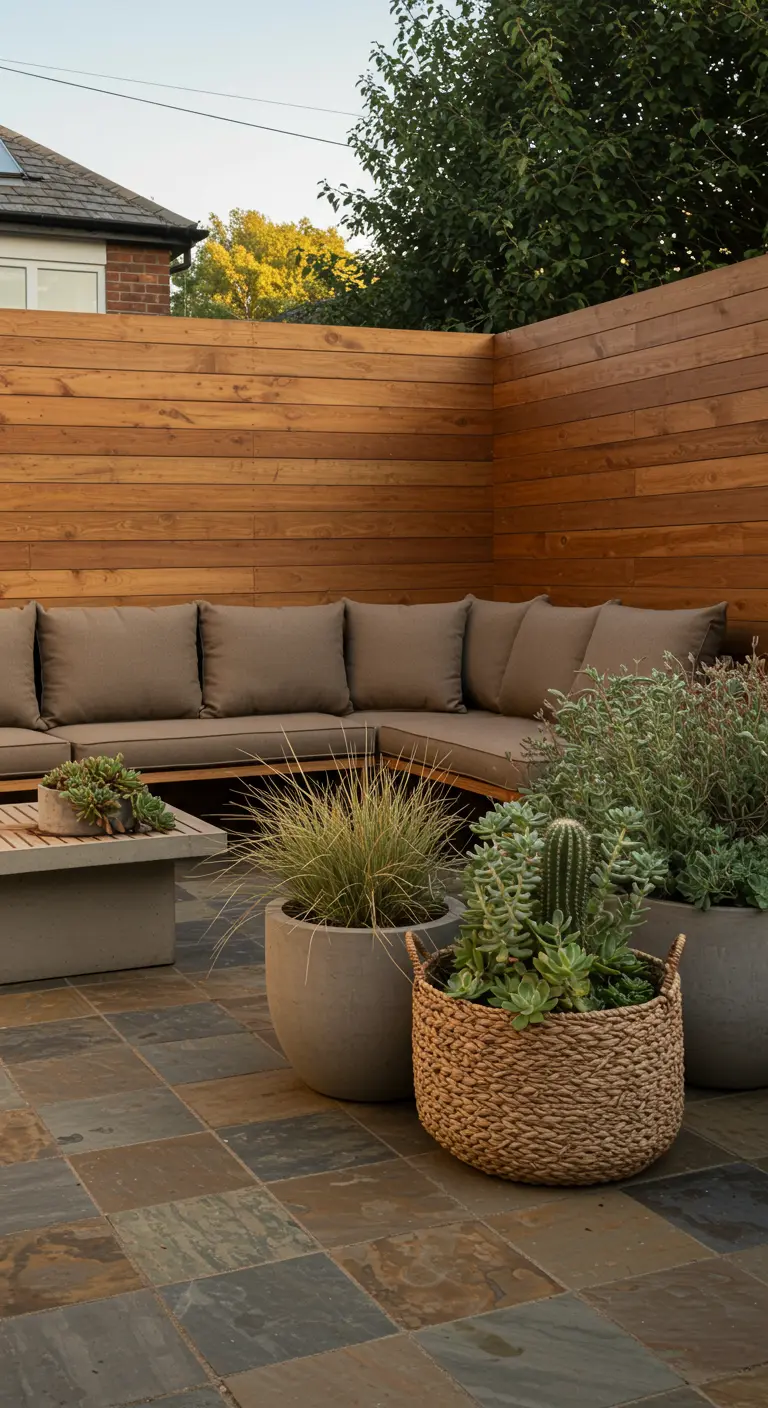 Patio acogedor con un gran banco de esquina de madera, cojines marrones y macetas de cemento y mimbre