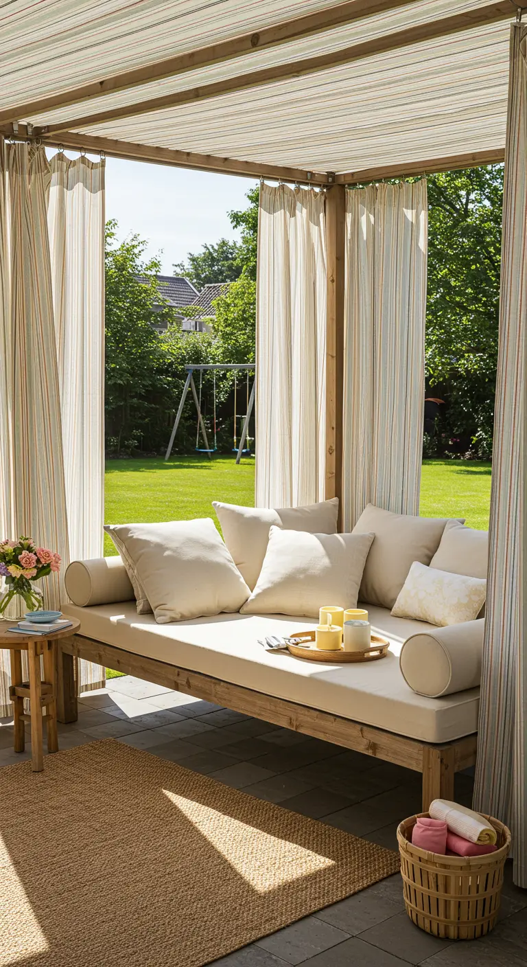 Cama de día de madera grande con cojines beige y cortinas a rayas en un porche con vistas al jardín.