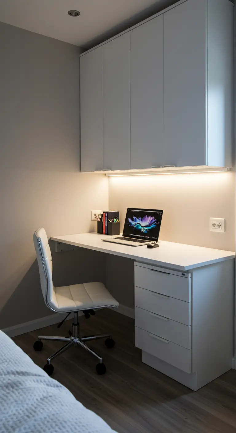 Escritorio flotante blanco con cajonera y armarios superiores, integrado en una habitación