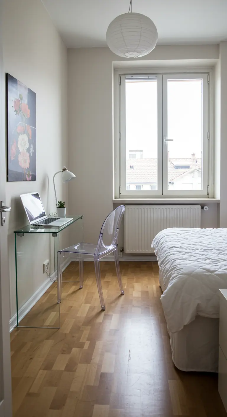 Dormitorio pequeño con una cama blanca y un escritorio de cristal con una silla transparente