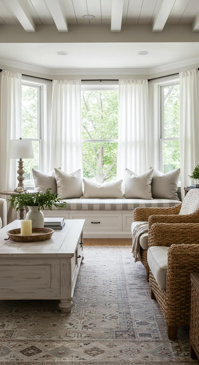 Banco de ventana blanco con cojines neutros y almacenaje inferior en una sala luminosa